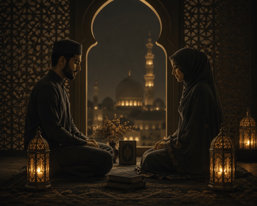 A Muslim couple meeting for marriage in a traditional setting